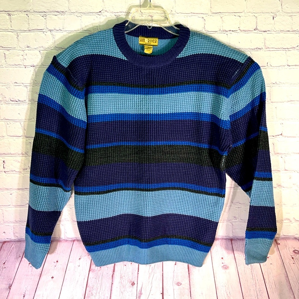 SUN RIVER Vintage Men's Navy Blue Striped Crew Neck Sweater. Size: Medium